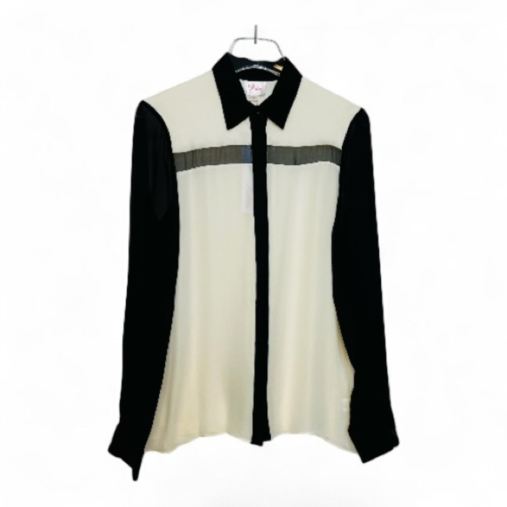 NWT Parker Sheer Cream with Black Trim Long Sleeve Silk Blouse Size Large